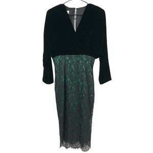Jessica McClintock Dress Vintage Gunne Sax 90s Black Green Velvet Lace V Neck